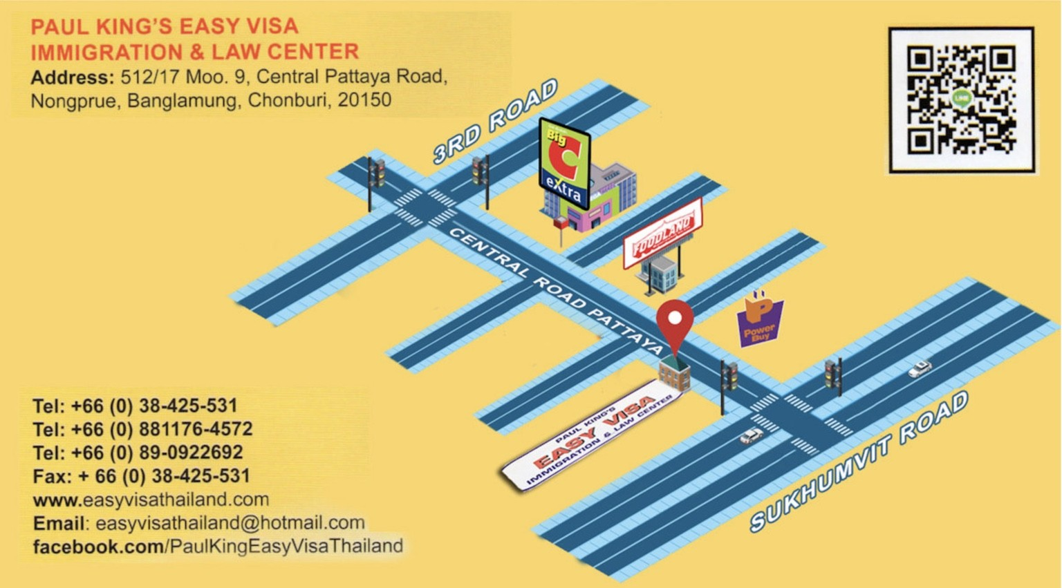 Full illustrated map showing Paul Kings Easy Visa on Central Pattaya Road